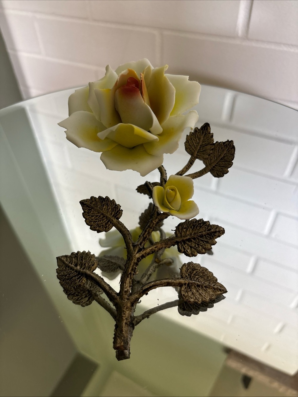 Vintage Yellow Porcelain Rose Accent with Metal Leaves Stand